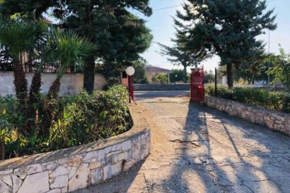 A paved driveway leading to a gated entrance with a stone wall on one side and a row of trees on the other.