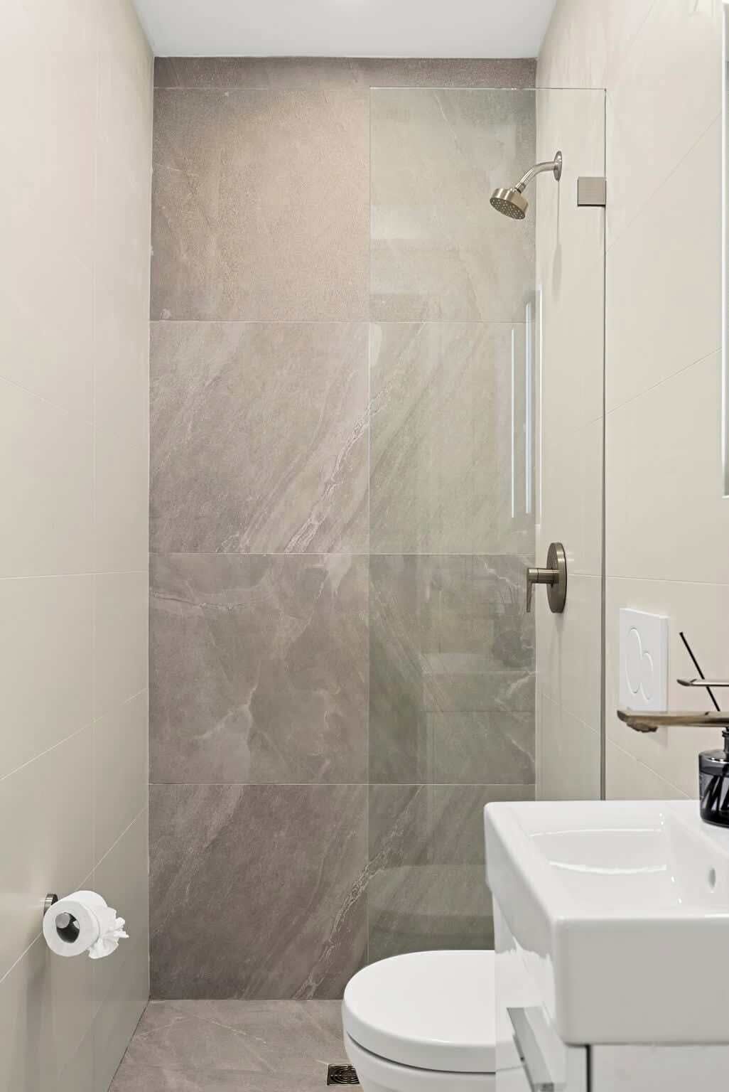 Shower, hair dryer, shampoo