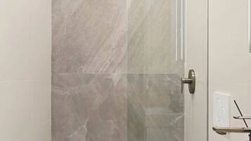 Shower, hair dryer, shampoo