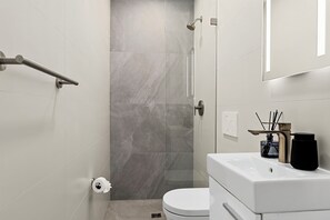 Hair dryer, towels, soap, shampoo