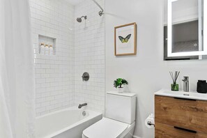 Shower, hair dryer, shampoo