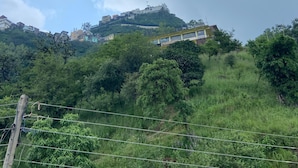 A hilltop view with a castle-like structure on a hill, surrounded by greenery and a clear sky. - Revanta Home Stay (Naina Devi)