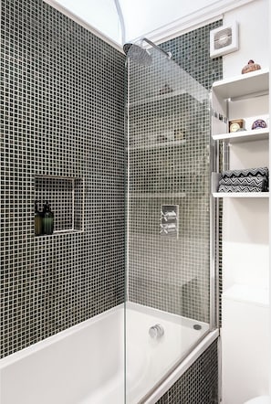 Hair dryer, towels, soap, toilet paper
