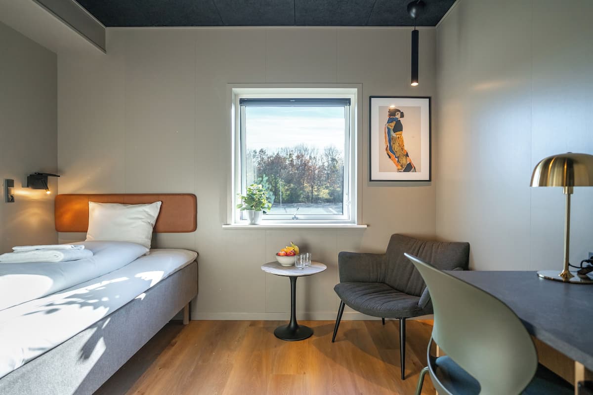 Ett modernt hotellrum med en säng, ett litet bord med frukt, en stol, ett skrivbord och ett fönster med utsikt över träd.