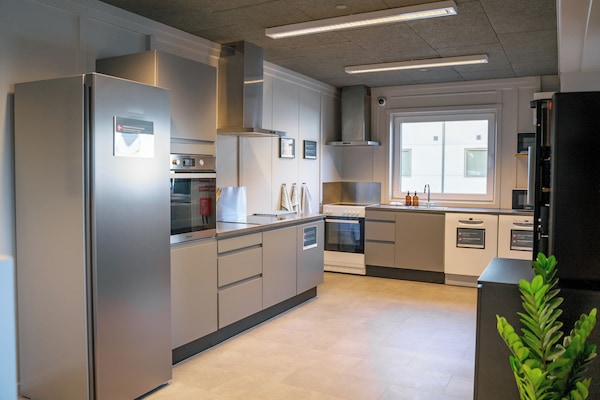 Een koelkast, een microgolfoven, schoonmaakproducten, keukenpapier