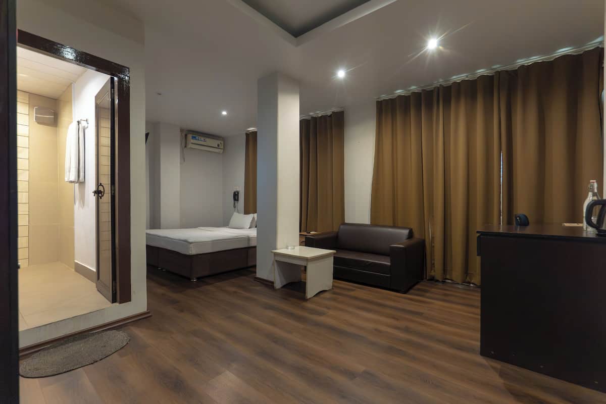 Habitació d'hotel moderna amb llit, sofà, escriptori i zona de banyera amb dutxa.