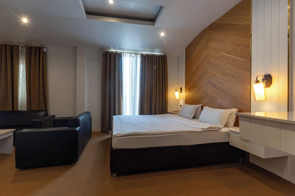 Una habitació d'hotel moderna amb un llit, zona de seients, escriptori i armari encastat.