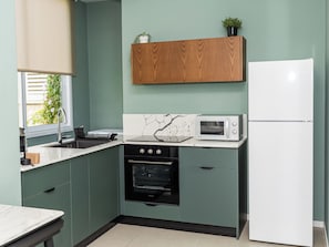 Apartment | Dapur peribadi | Peti sejuk/penyejuk beku saiz penuh, ketuhar gelombang mikro, ketuhar 