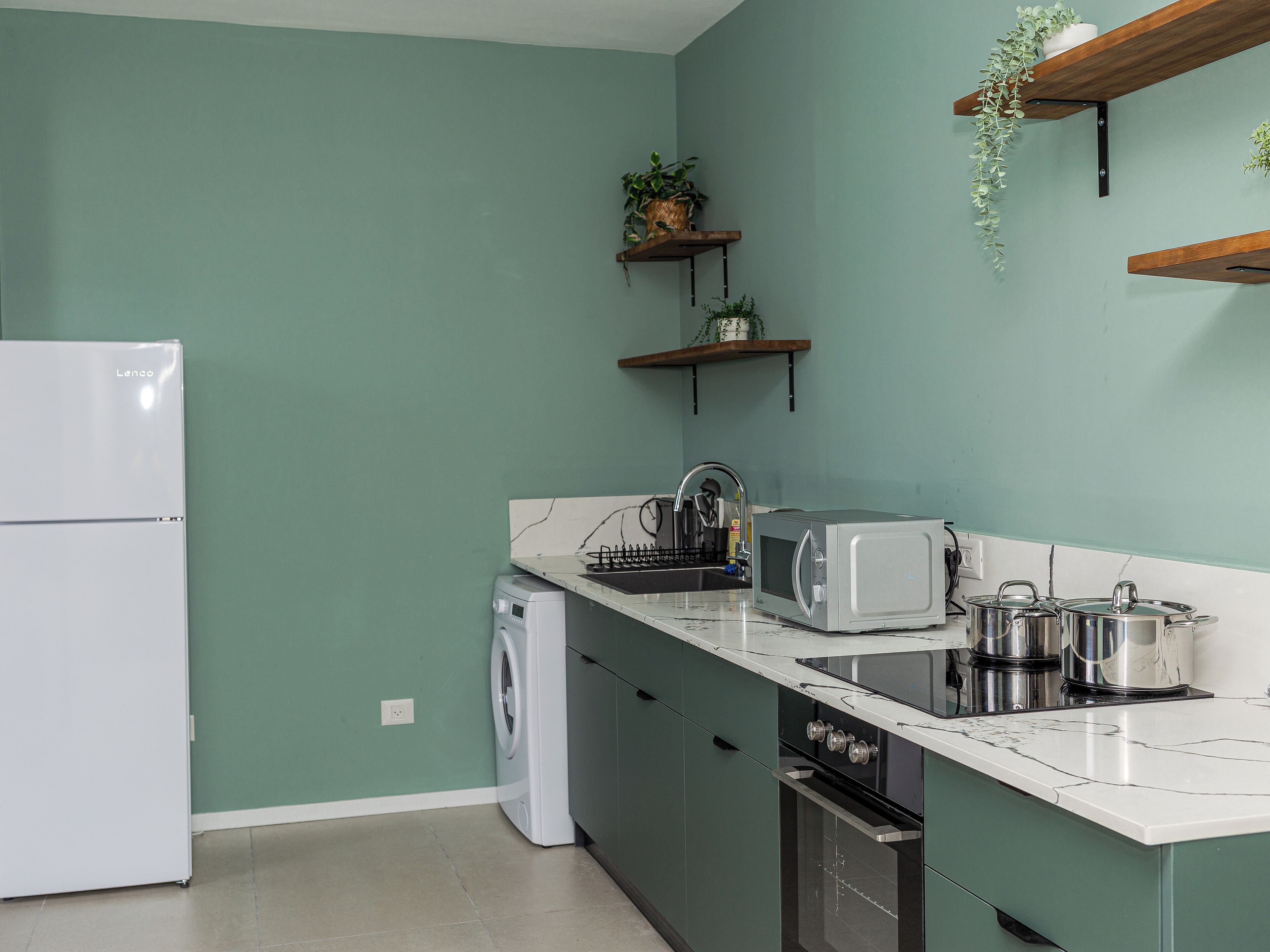 Apartamento, vistas a la ciudad | Cocina privada | Frigorífico grande, microondas, horno y placa de cocina