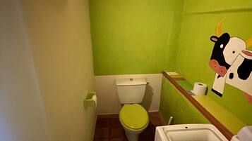 Douche, sĂšche-cheveux, serviettes fournies, savon