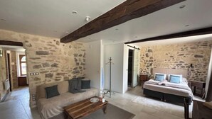 Une pièce spacieuse avec un mur en pierre, un lit avec des coussins bleus, une table basse en bois et un lampadaire.