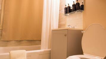 Hair dryer, towels, soap, shampoo