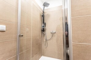 Douche, séchoir à cheveux, serviettes fournies, savon