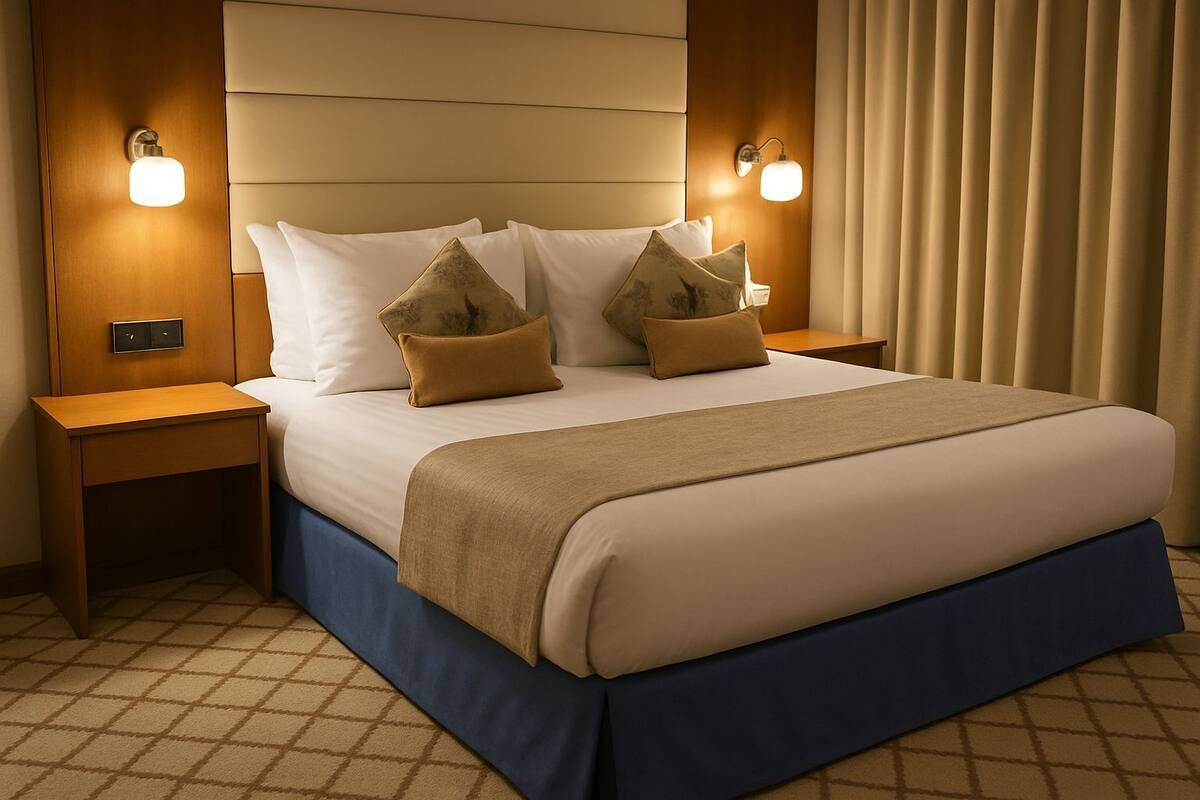 A hotel room with a large bed, two nightstands, a wooden headboard, and two wall-mounted lamps.