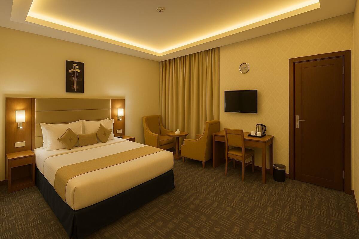 A hotel room with a bed, bedside tables, a desk, a chair, a television, and a door.