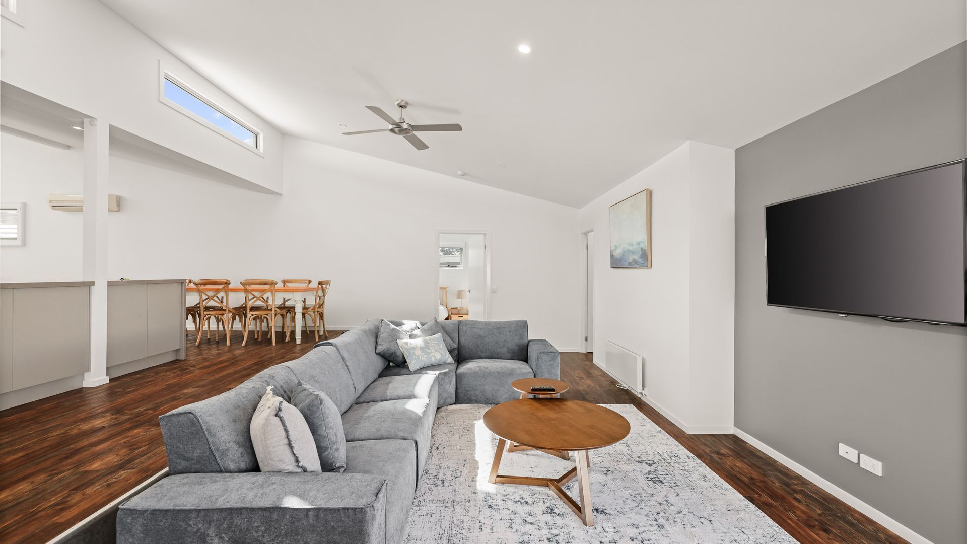 TV, fireplace, books