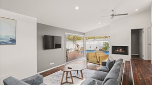 TV, fireplace, books