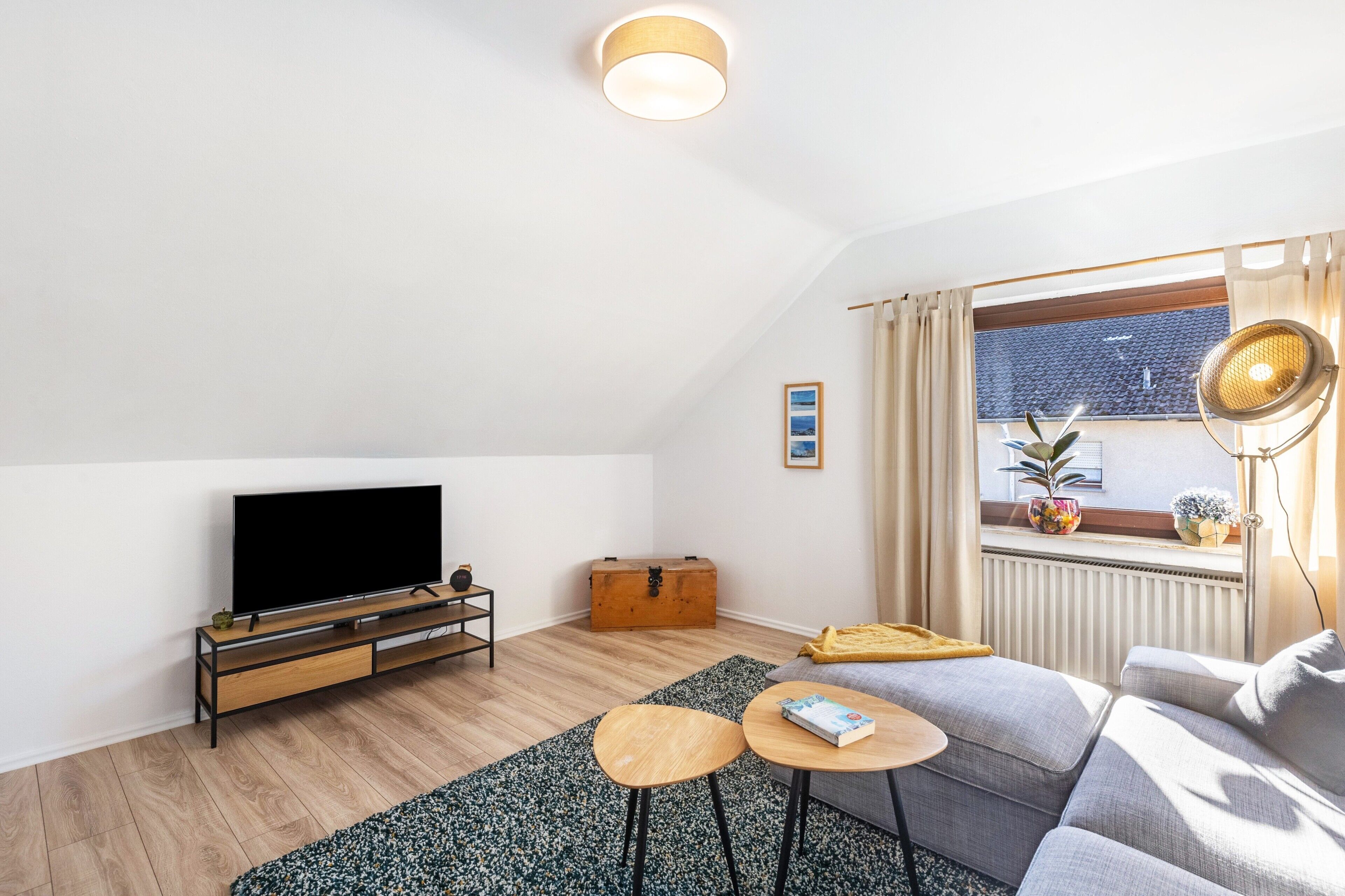Ein modernes Wohnzimmer mit Flachbildfernseher, einer Couch, einem Couchtisch, einem kleinen Teppich und einem Fenster mit Vorhängen.