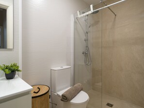 Shower, hair dryer, towels, toilet paper