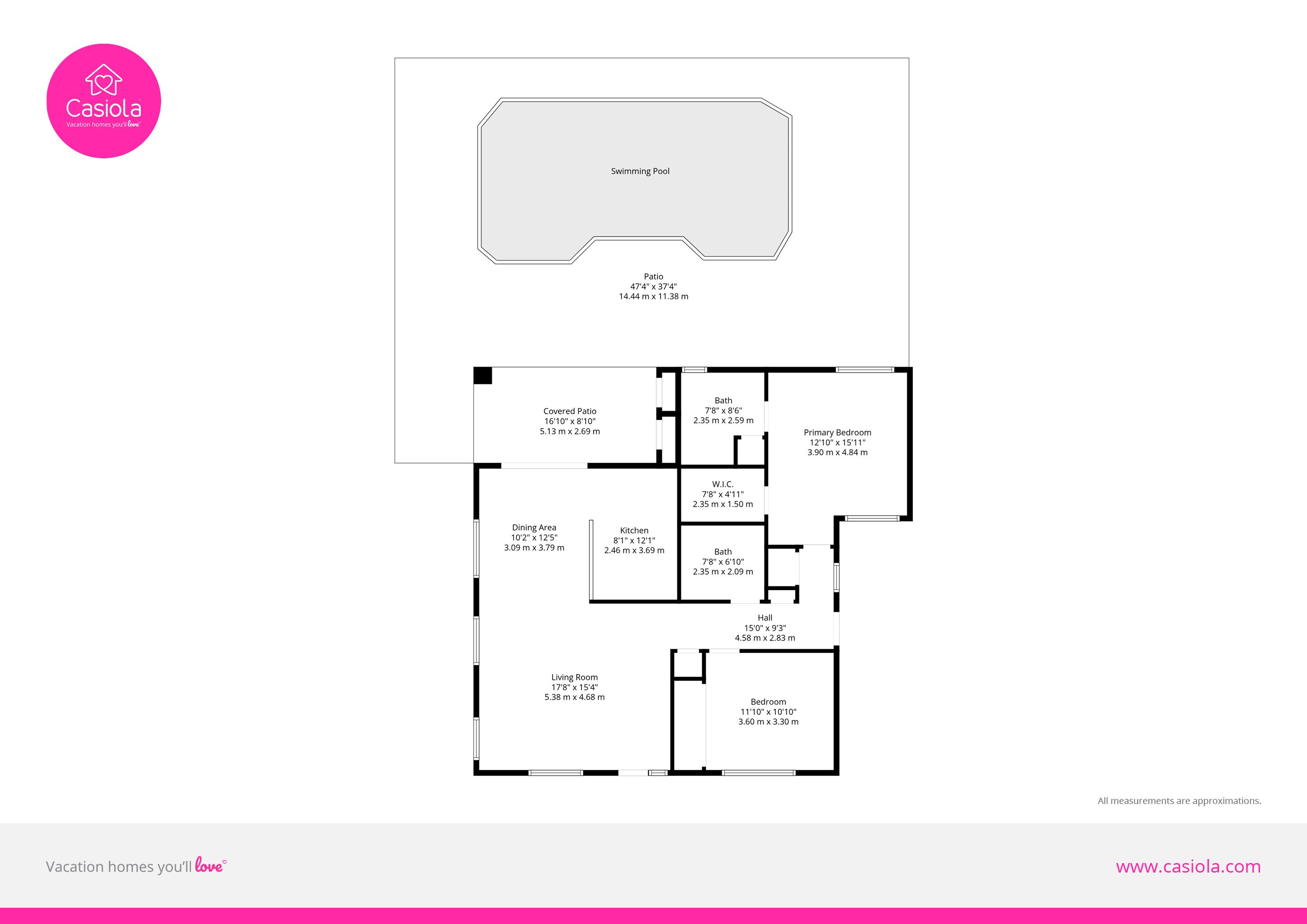 A floor plan of a vacation home with a swimming pool, covered patio, dining area, kitchen, living room, bedrooms, and bathrooms.