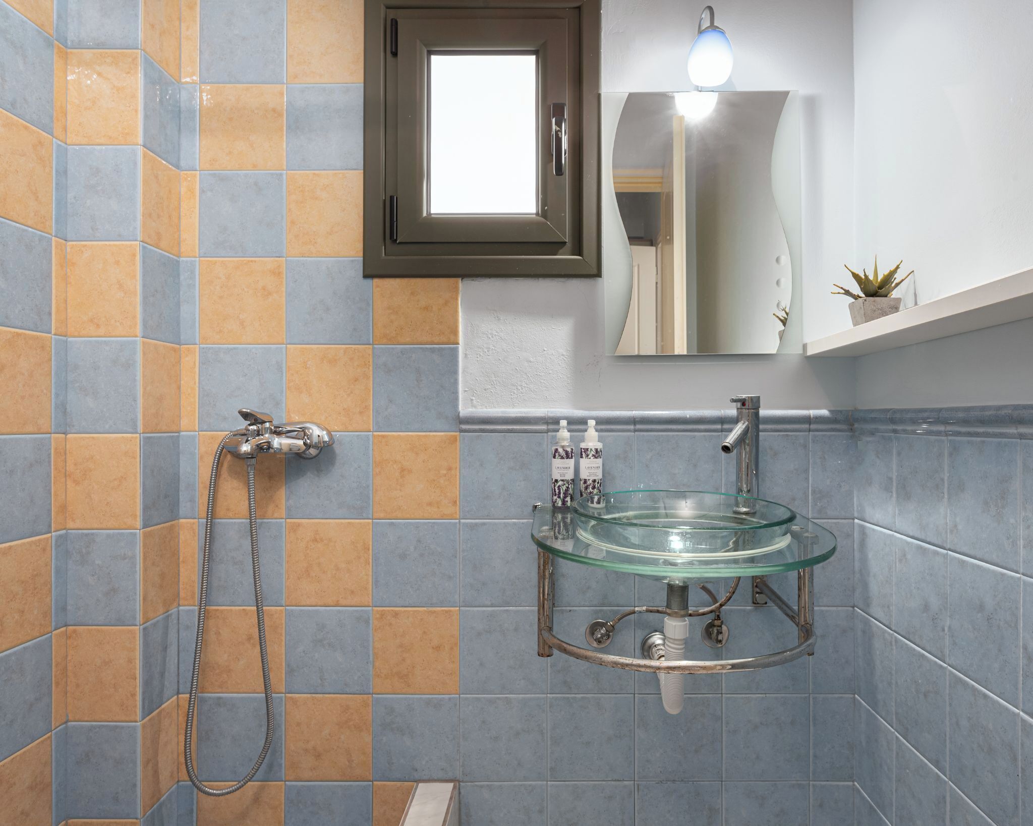 A bathroom with a glass sink, a handheld showerhead, and a mirror above the sink.