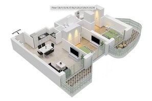 A 3D floor plan of a modern apartment with a kitchen, dining area, living room, balcony, and a small garden area. - LUX  The Palace Residence Suite 2 (Dubai)