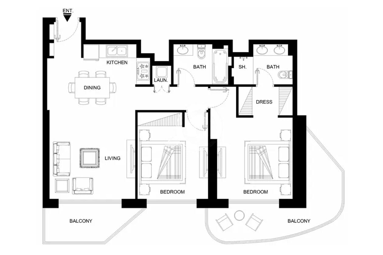 A floor plan with a kitchen, dining area, two bathrooms, two bedrooms, a living room, a balcony, and a laundry room.