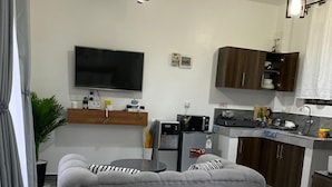 A modern hotel room with a large bed, a sofa, a small table, a TV, a kitchenette, and a potted plant. - Relax & Recharge at Casa Luminosa Studio Apartment (Mtwapa)