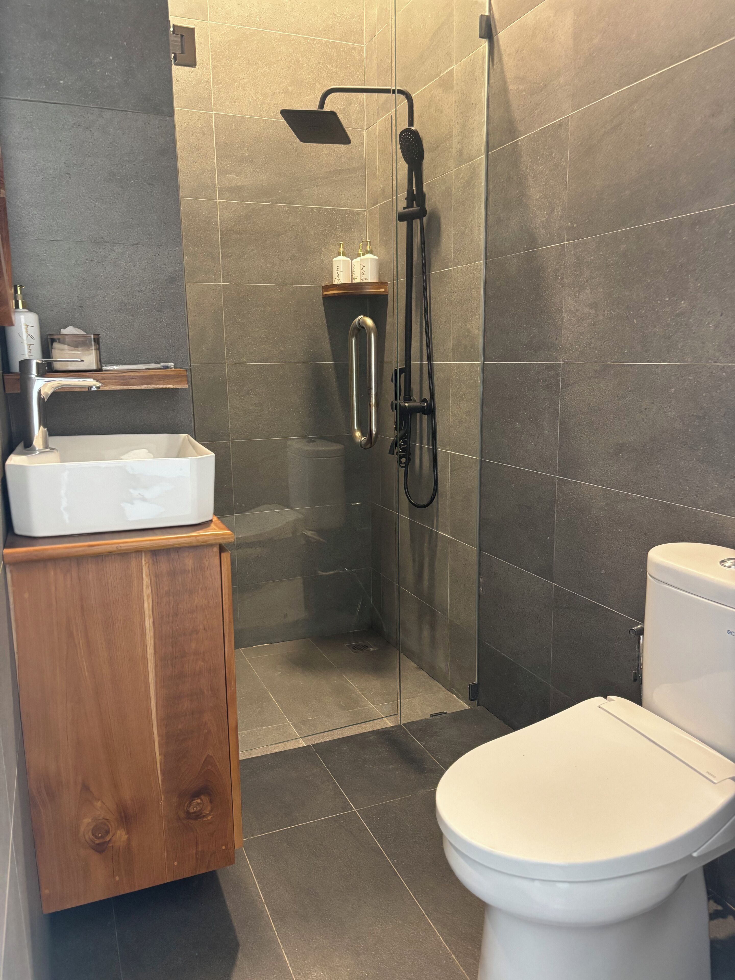 A modern bathroom with a shower, toilet, and sink.