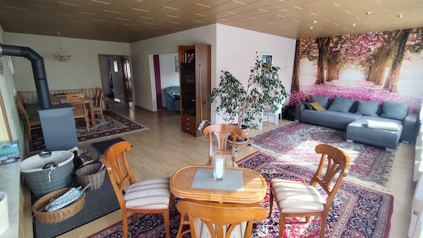 Un vaste espace de vie comprenant une table à manger, des chaises, un canapé et un grand tapis.