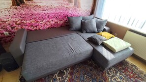 Smart-TV, Kamin, Bücher, Stereoanlage