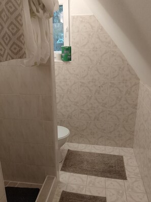 A bathroom with a toilet, a shower area with a patterned tile wall, and a window with a view of trees. - Chata Bobík (Oravice)
