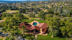 An aerial view of a residential area with a large house featuring a swimming pool, surrounded by lush greenery and palm trees.