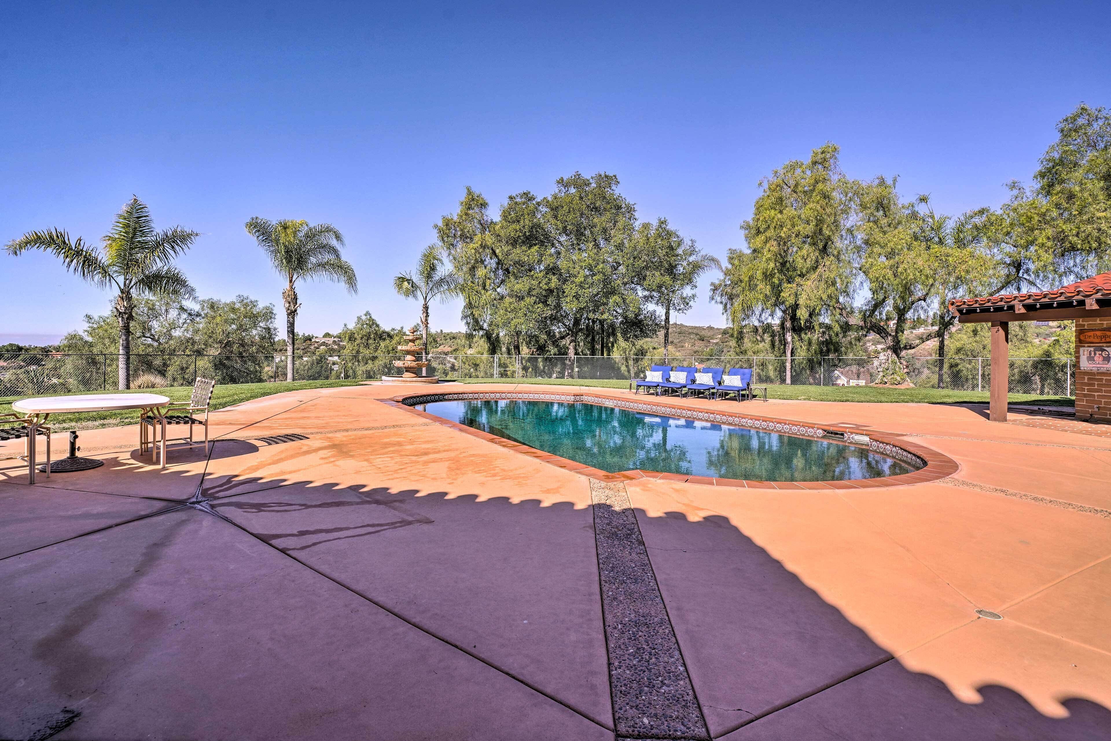 Ein Pool mit gewölbter Kante, umgeben von einer gepflasterten Terrasse.