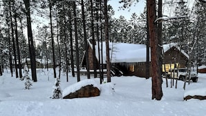 A cabin surrounded by tall pine trees, covered in snow, with a vehicle parked nearby. - Modern and Cozy Cabin w Game Room,  Fireplace and all the amenities in PineTop (Pinetop Country Club)
