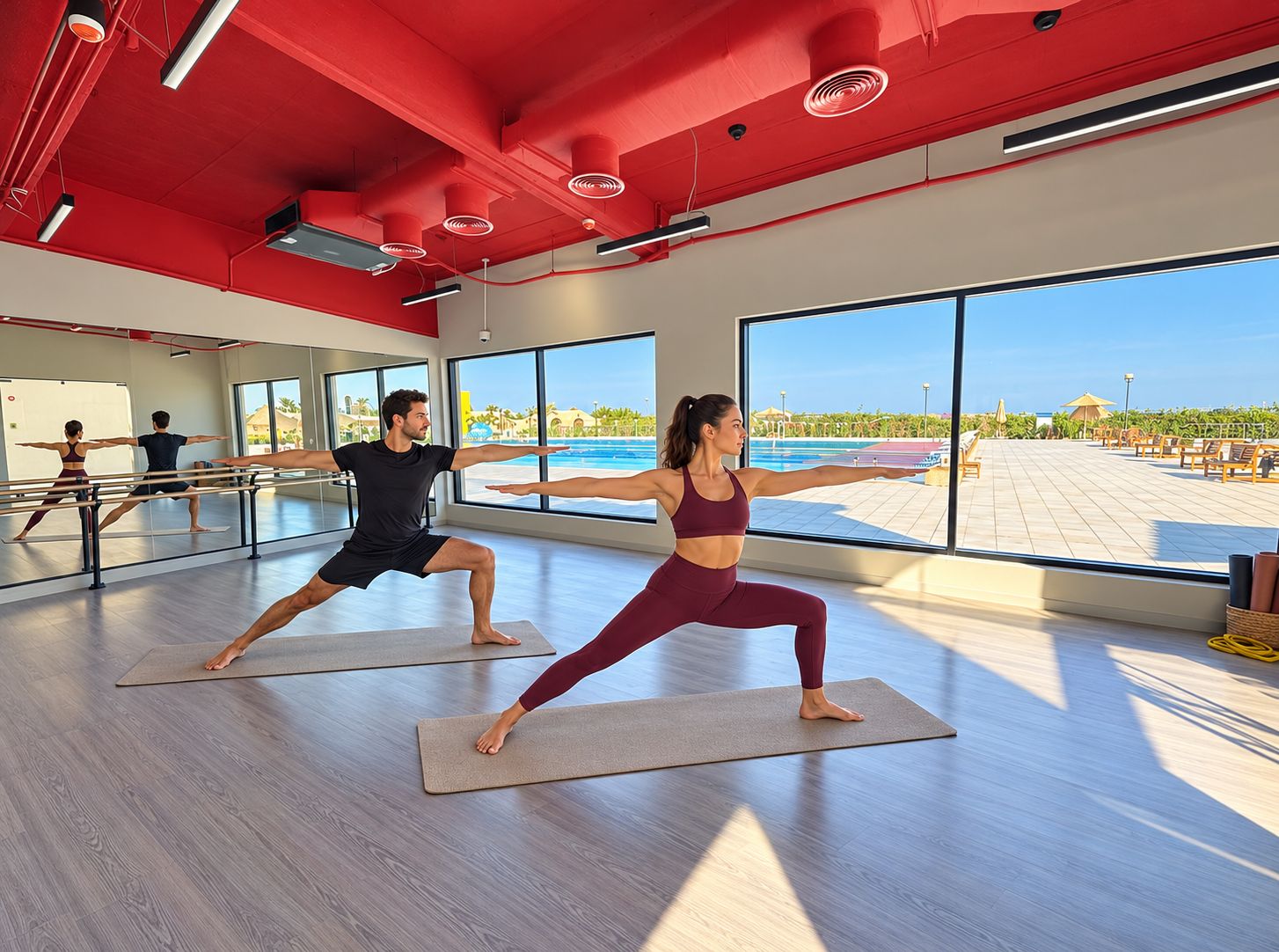 Ein Yoga-Studio mit großen Fenstern, Blick auf einen Pool und einem modernen Design.