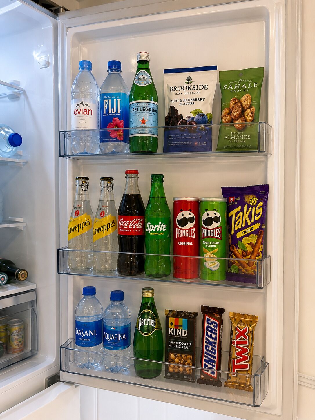 A refrigerator stocked with beverages and snacks.