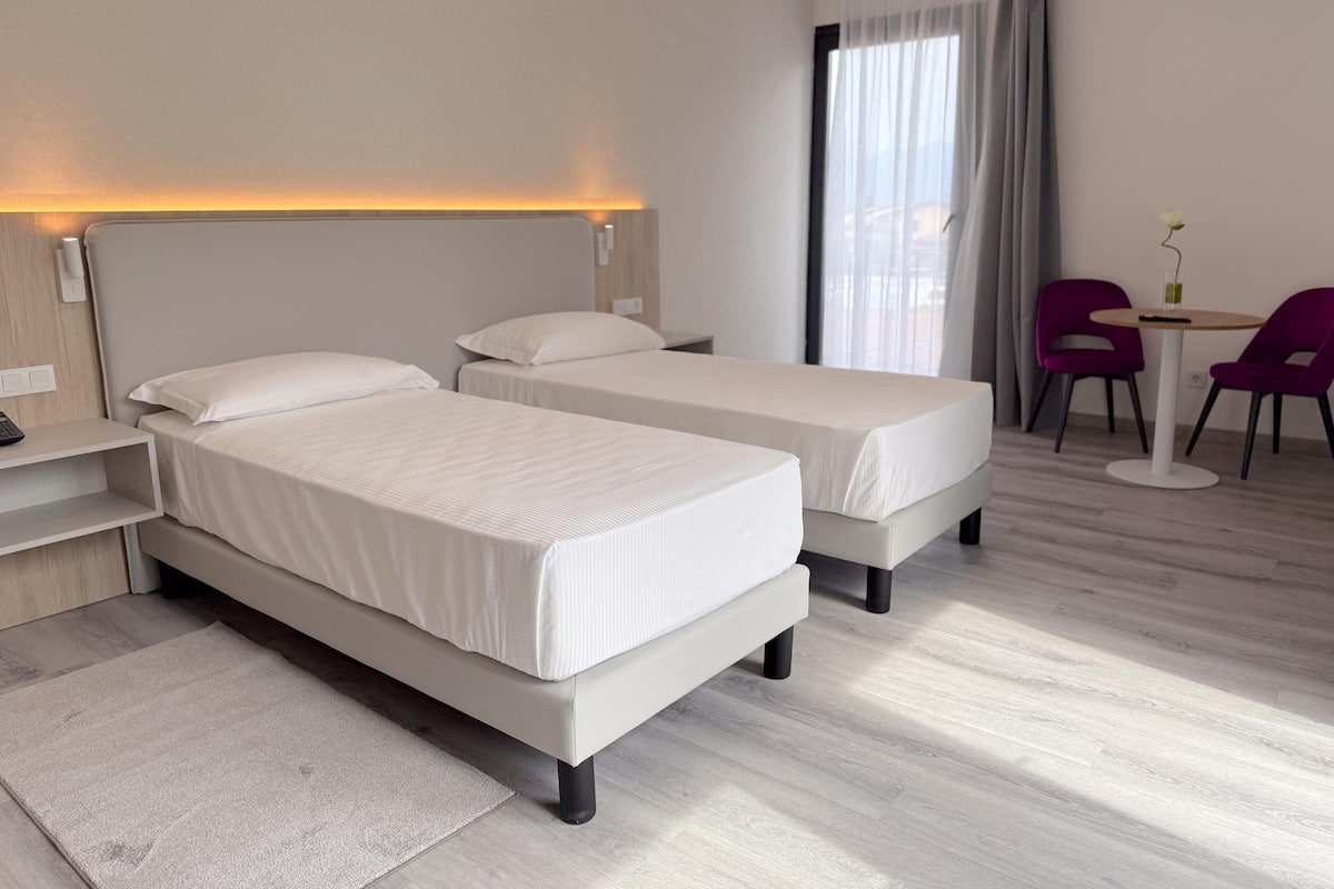 Une chambre d’hôtel avec deux lits, un bureau, une chaise et une petite table sur laquelle est posée une plante.