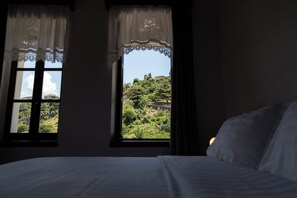 A bedroom with two windows, a bed, and a view of a green landscape.