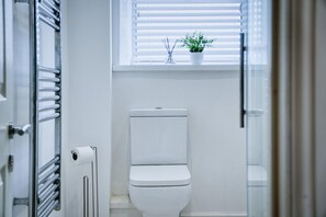 A small, modern bathroom with a toilet, a radiator, and a window with blinds. - Bay View - 2 Bedroom Apartment - Tenby (Tenby)