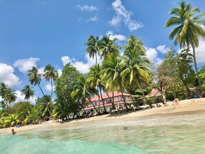 Une plage bordée de palmiers, un bâtiment avec un toit rouge et une eau turquoise cristalline.