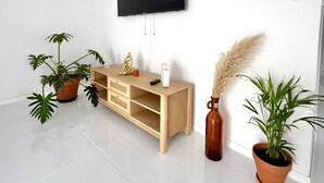 Una sala de estar moderna con un televisor de pantalla plana montado en la pared, una mesa consola de madera con un control remoto y dos plantas en macetas.