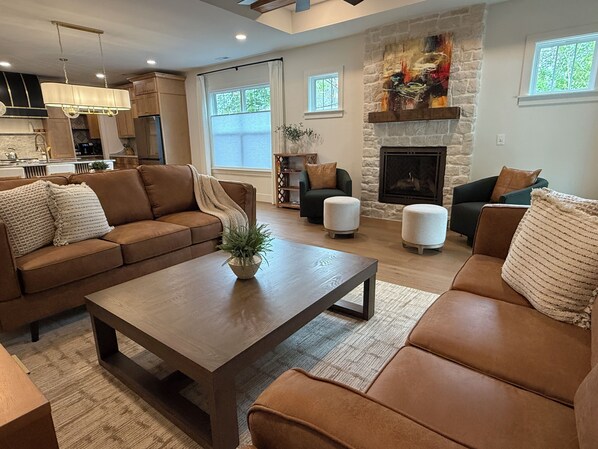 Smart TV, fireplace, books, printers