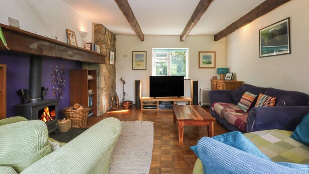 A cozy living room with a fireplace, wooden beams, a television, and comfortable seating. - Neuadd Wen (Gaerwen)