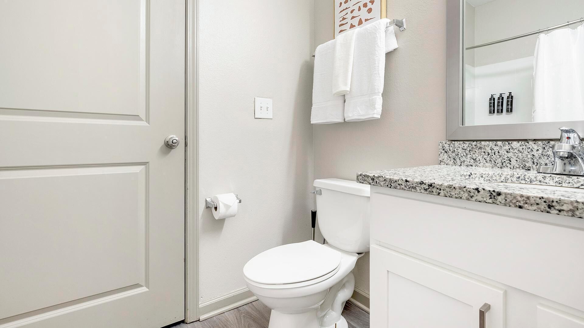 A bathroom with a toilet, a sink with a granite countertop, and a mirror above the sink.