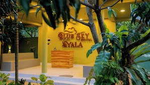The exterior of Blue Sky Hotel, featuring a wooden reception desk, a yellow facade, and surrounding greenery. - Blue Sky Hotel Yala (Mahasenpura)