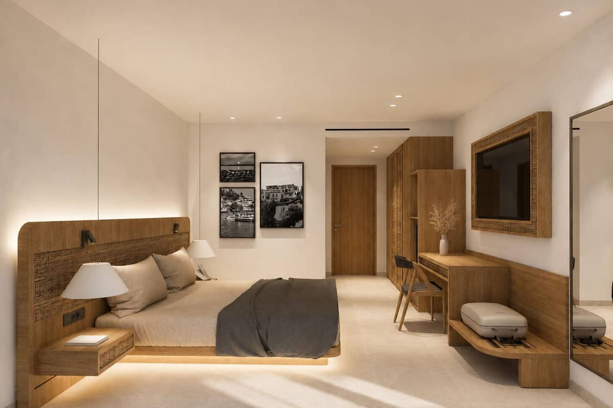 Ein modernes Schlafzimmer mit Bett, Nachttisch, Lampe, Kunstwerk, Schreibtisch, Stuhl, Spiegel und Kleiderschrank.