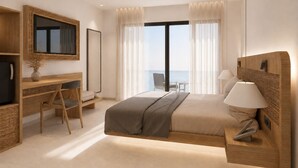 Une chambre d’hôtel moderne dotée d’un grand lit, d’un bureau, d’une chaise, d’une télévision et offrant une vue sur la mer.