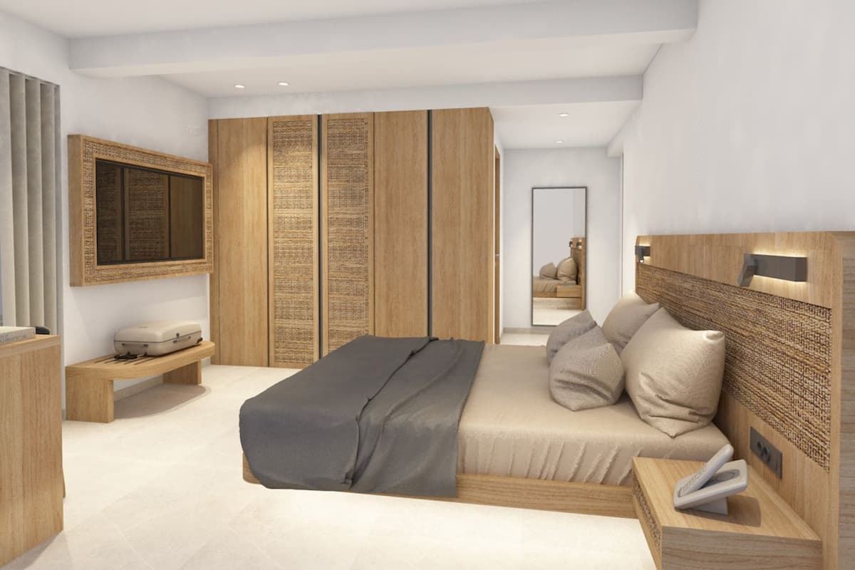 Un dormitorio moderno con cama, armario de madera, mesita de noche y espejo.