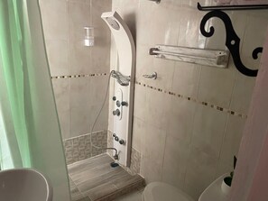 Een douche, een bidet, handdoeken, toiletpapier